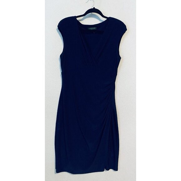 Ralph Lauren Dress Womens 14 Blue Pleated V Neck Cap Sleeve Ruched Sheath Jersey - Picture 1 of 6